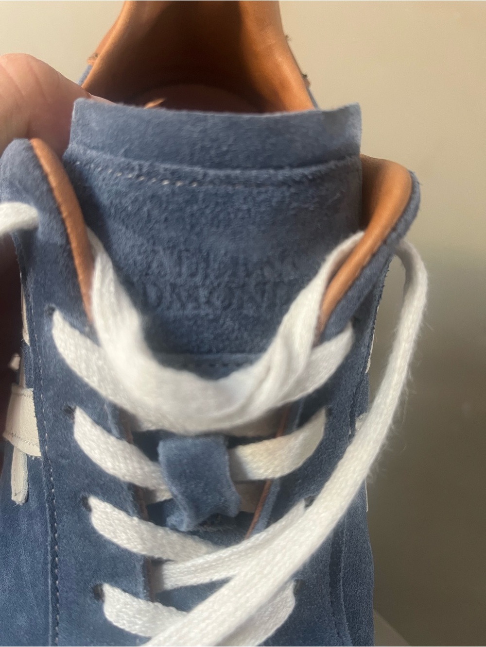 Allen Edmonds Navy Suede Sneakers with White Accents and Tan Lining - Picture 8 of 12